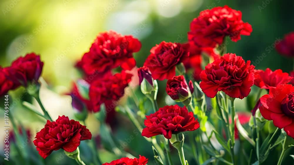 Red carnations swaying gently in the summer breeze Red carnations swaying gently in the summer breeze