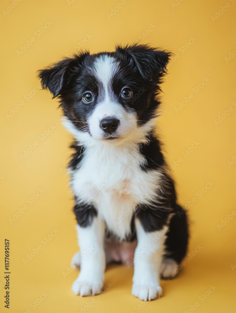 A black and white puppy with captivating blue eyes sits attentively on a vibrant yellow background. Its innocent gaze and soft fur evoke a sense of warmth and affection.
A black and white puppy with captivating blue eyes sits attentively on a vibrant yellow background. Its innocent gaze and soft fur evoke a sense of warmth and affection.