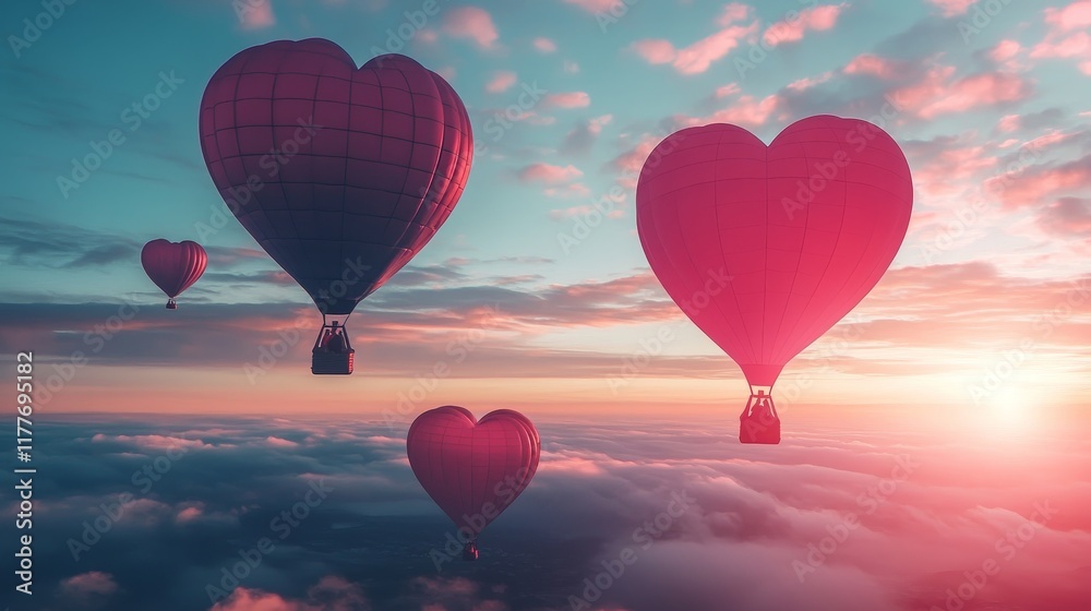Obraz premium Romantic Heart-Shaped Hot Air Balloons in Colorful Sky at Sunrise