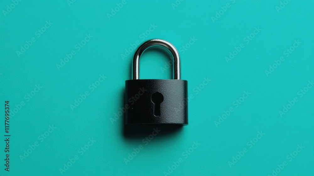 Glossy black padlock on a gradient turquoise background, clean and modern design. Glossy black padlock on a gradient turquoise background, clean and modern design.