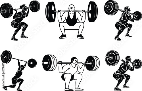 Powerlifter squatting set silhouette vector art, Powerlifter squatting design, Powerlifter squatting line art vector