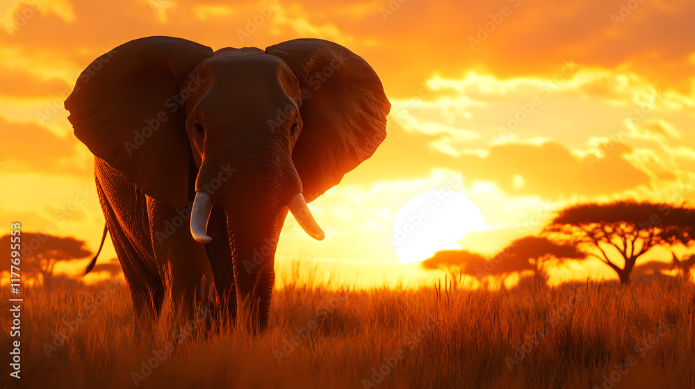 Fototapeta premium Majestic elephants walking through the golden savanna at sunset, celebrating World Wildlife Day. 