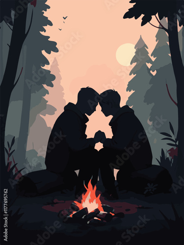 a loving couple sitting by the fire