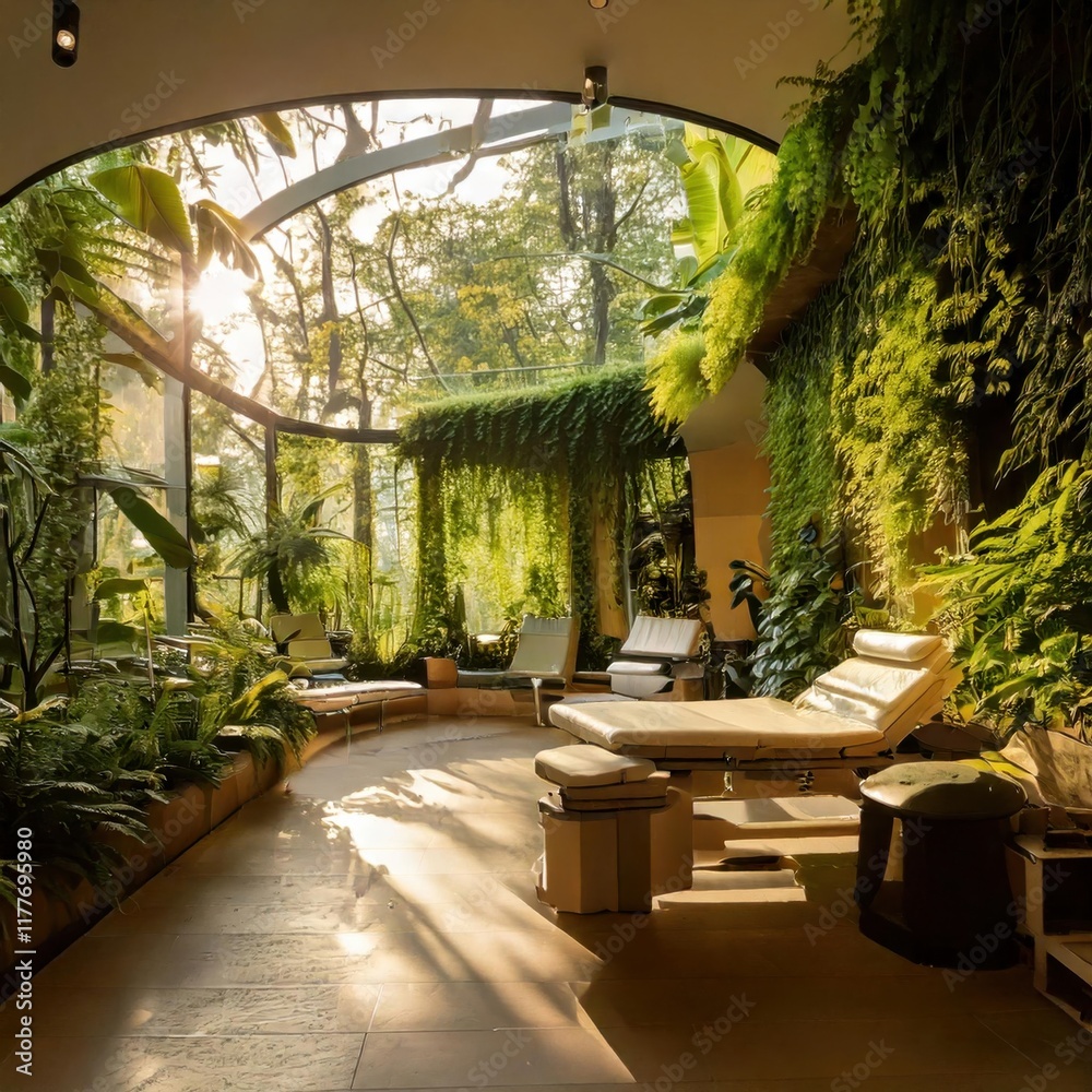 Fototapeta premium A conservatory with a bright and airy ambiance, showcasing comfortable seating, natural wooden floors, and vibrant green plants beneath a glass roof.