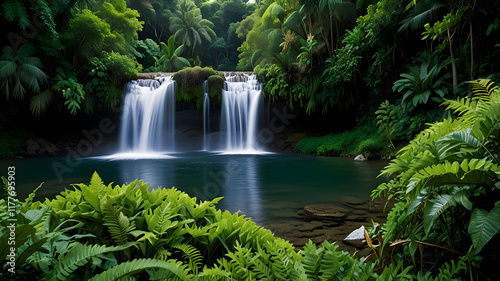A waterfall surrounded by lush, green vegetation