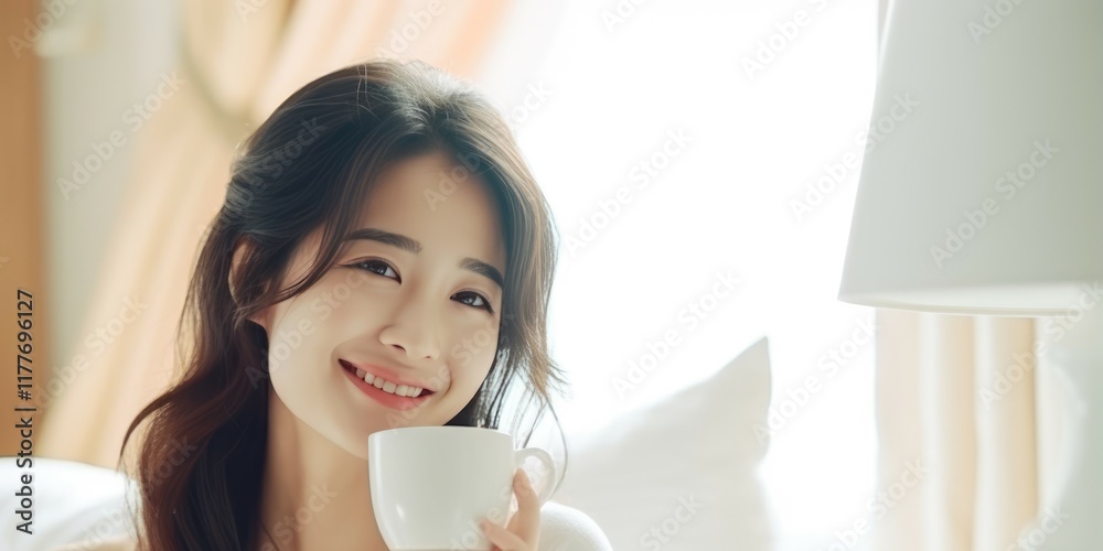 Woman with brown hair smiling, holding a coffee cup, enjoying a hot drink indoors. Woman with brown hair smiling, holding a coffee cup, enjoying a hot drink indoors.