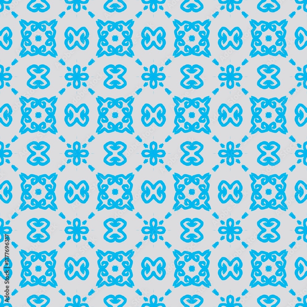 Seamless pattern featuring blue ornamental motifs arranged in a symmetrical tile layout on a light background, creating a clean and decorative design. Seamless pattern featuring blue ornamental motifs arranged in a symmetrical tile layout on a light background, creating a clean and decorative design.