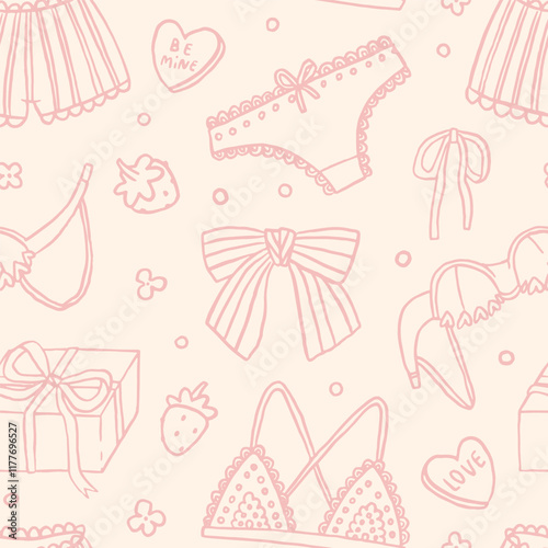 Coquette whimsical hand drawn pink love elements for Valentine's Day. Bra and panties, present box, strawberry, bow. Pattern for the holiday of love. Gift wrapping paper