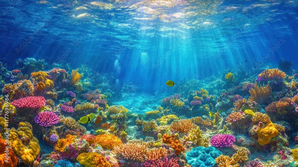 Naklejka premium Colorful coral reef with sunbeams.