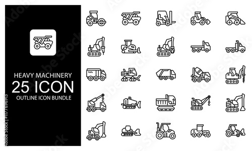 Heavy Machinery Outline Icon vector illustration bundle. black and white outline icon pack.