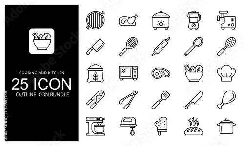 Cooking And Kitchen Element Outline Icon vector illustration bundle. black and white outline icon pack.