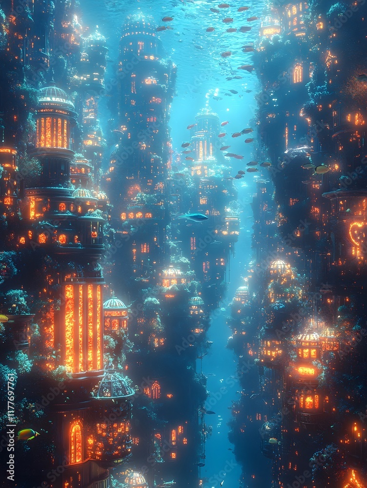 Biofluorescent Underwater Metropolis with Glowing Aquatic Structures and Marine Life Biofluorescent Underwater Metropolis with Glowing Aquatic Structures and Marine Life