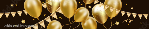 Vector happy birthday illustration with shine golden air helium balloon and flag on black background. 3d realistic holiday template design of flying balloon with star and confetti