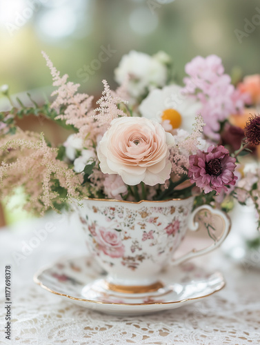Small floral arrangement in a vintage teacup beautifully enhances a rustic table setting in a garden at daytime
