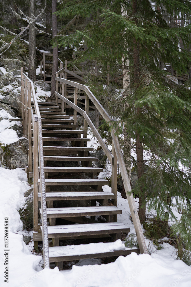 Snowy forest with a wooden staircase along a hiking path. Ideal for winter landscapes, tourism, and exploration visuals. Snowy forest with a wooden staircase along a hiking path. Ideal for winter landscapes, tourism, and exploration visuals.