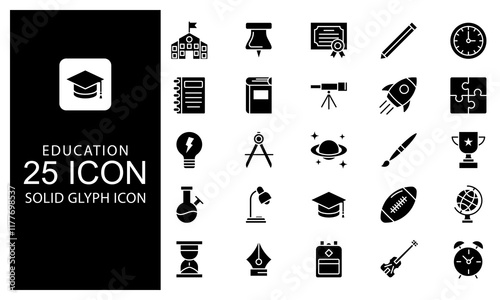 Education Solid Glyph Icon vector illustration bundle. Solid Black Glyph icon Package.
