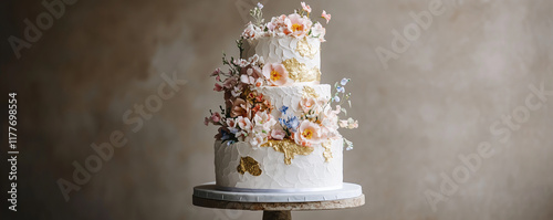 Elegant wedding cake adorned with colorful edible flowers and gold accents on a rustic wooden stand photo