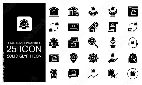 Real Estate Property Solid Glyph Icon vector illustration bundle. Solid Black Glyph icon Package.