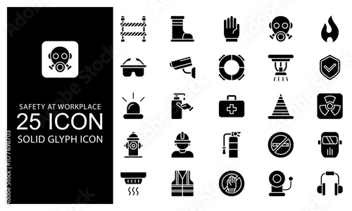 Safety at Workplace Solid Glyph Icon vector illustration bundle. Solid Black Glyph icon Package.