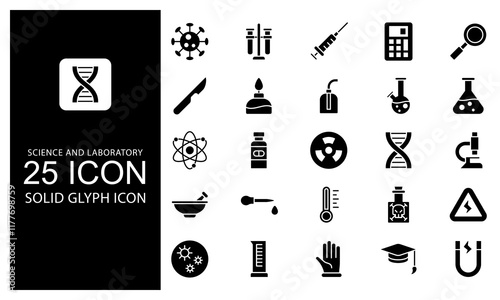 Science And Laboratory Solid Glyph Icon vector illustration bundle. Solid Black Glyph icon Package.
