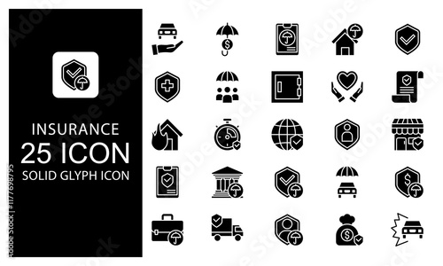Insurance element Solid Glyph Icon vector illustration bundle. Solid Black Glyph icon Package.