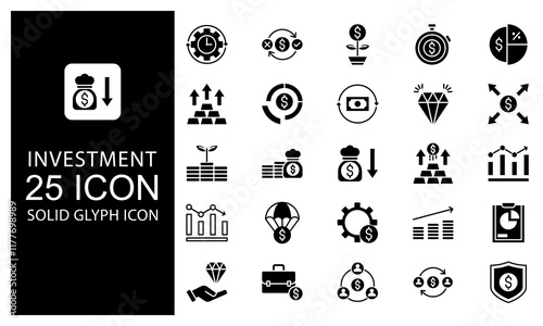 Investment Solid Glyph Icon Vector Illustration Bundle. Solid Black Glyph icon Package.