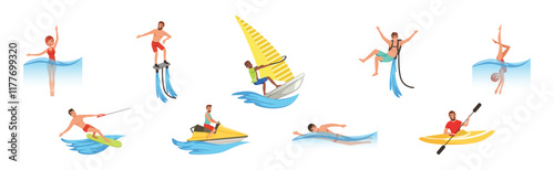 Man and Woman Enjoy Water Sport Activity Vector Set