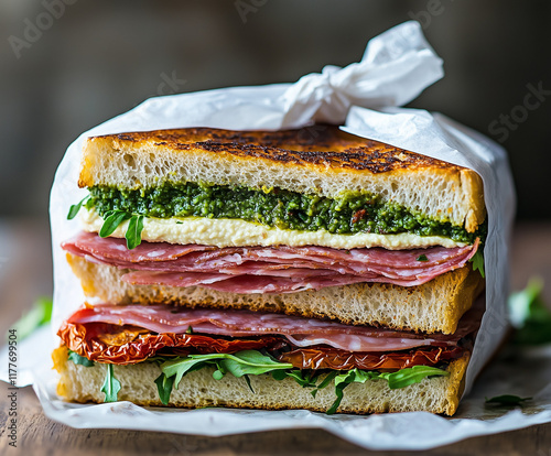 Toasted focaccia sandwich with mortadella