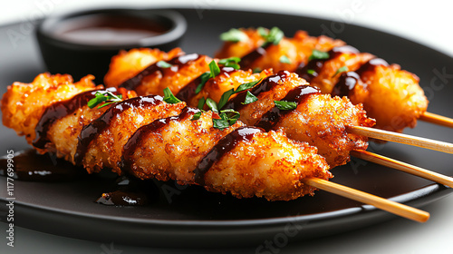 Closeup of crispy shrimp tempura skewers, served with dipping sauce, vibrant street food scene