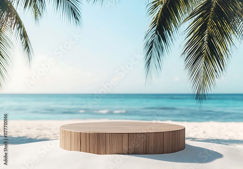 Wooden podium on a white sand beach with a blue ocean and palm tree summer background