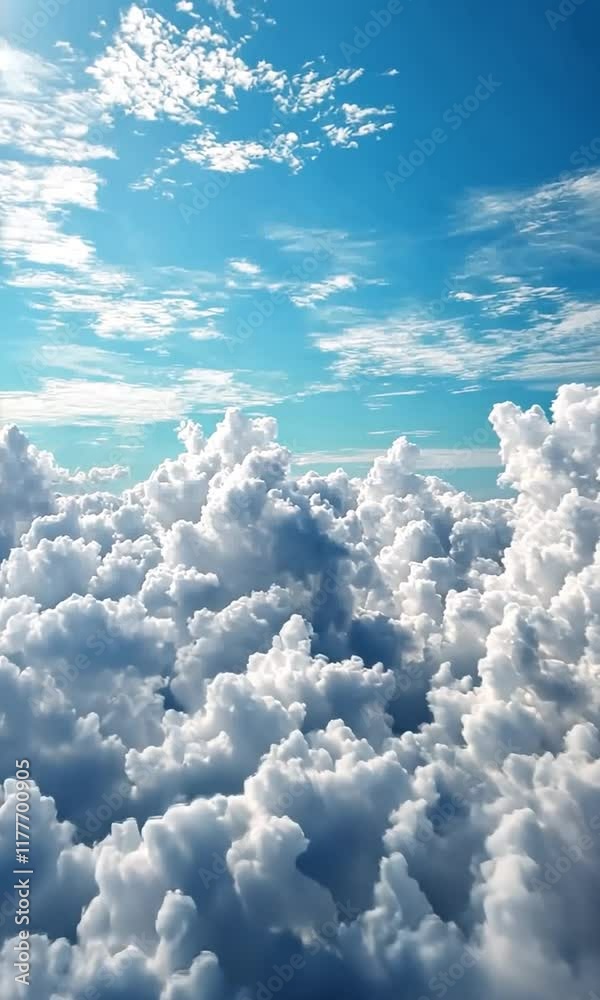 Aerial view Sunlit cloudscape, above; blue sky background; travel, design use Aerial view Sunlit cloudscape, above; blue sky background; travel, design use