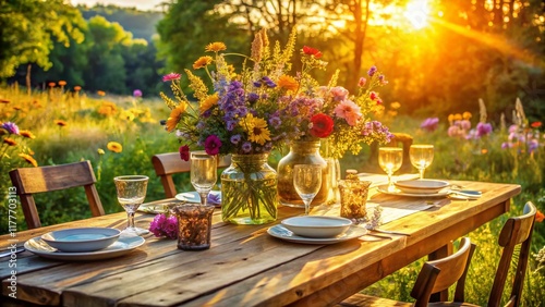 Rustic Outdoor Dinner Table Decorated with Vibrant Summer Flowers