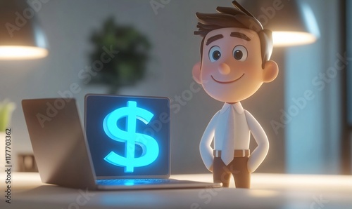 Cartoon businessman, laptop, dollar sign, modern office, 3D illustration, for stock use