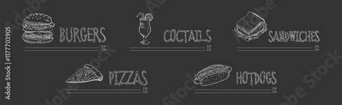 Restaurant Menu Chalk Drawn Dish and Meal Vector Set