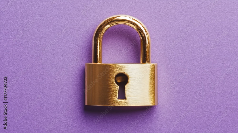 Shiny gold padlock placed on a bright lavender background, minimalist and chic. Shiny gold padlock placed on a bright lavender background, minimalist and chic.