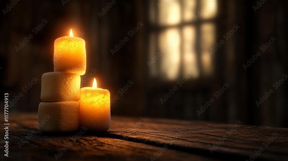 Candles on rustic wooden table, warm light through window Candles on rustic wooden table, warm light through window