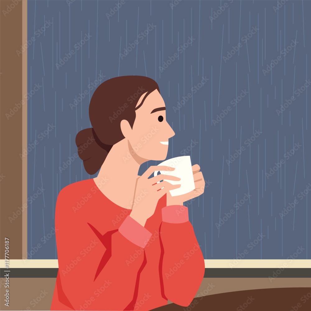 Woman sitting with coffee cup on windowsill on rainy weather. Flat vector illustration isolated on white background Woman sitting with coffee cup on windowsill on rainy weather. Flat vector illustration isolated on white background