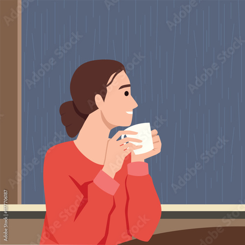 Woman sitting with coffee cup on windowsill on rainy weather. Flat vector illustration isolated on white background