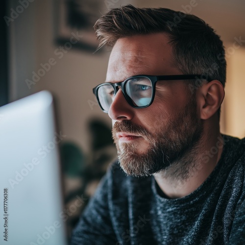 A portrait of a man intensely focused on his computer, representing dedication and creativity in work. photo