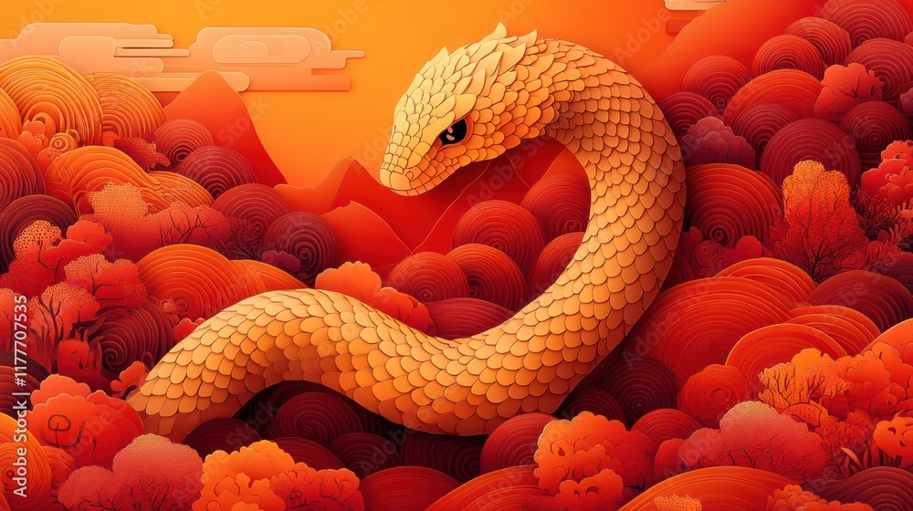 Fototapeta premium Golden Snake Slithering Through Vibrant Red Landscape Artwork