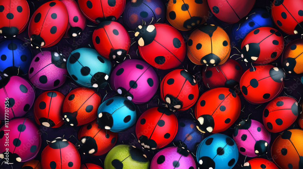 Fototapeta premium Vector seamless background of ladybirds of different sizes. Beautiful background from insects.