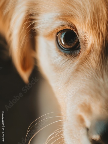 Golden Retriever Puppy Gaze: A close-up captures the captivating gaze of a golden retriever puppy, its soulful brown eyes full of curiosity and innocence. The soft. photo