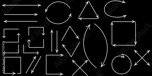 Set of white hand drawn arrows of different shape. Design element.