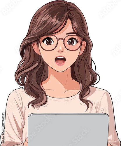 Surprised businesswoman holding laptop is looking at something shocking on screen