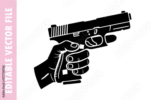 hand holding gun, pistol vector silhouette illustration