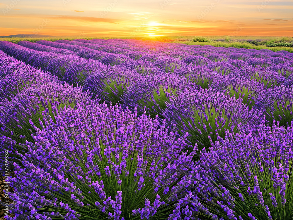 Obraz premium A stunning lavender field in full bloom, stretching across the landscape under a golden sunset, casting warm light across the purple flowers, creating a contrast with the green leaves
