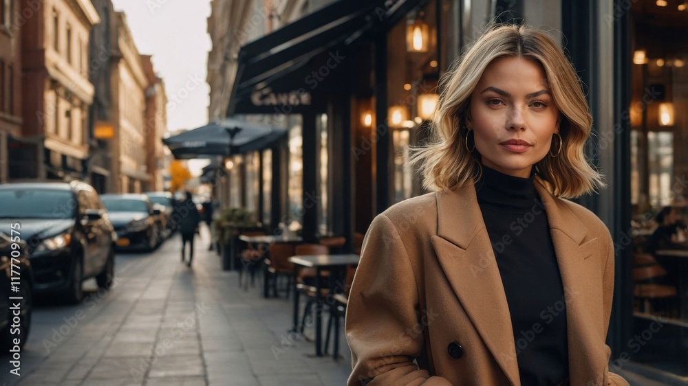 Obraz premium Confident woman walking through a vibrant urban street during golden hour, showcasing contemporary fashion in a lively atmosphere