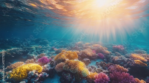 Vibrant coral reef underwater with sun rays.