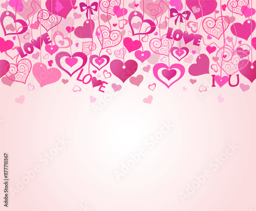 Seamless background for Valentine's Day party poster with hanging hot pink, lilac and rose hearts and love words.eps