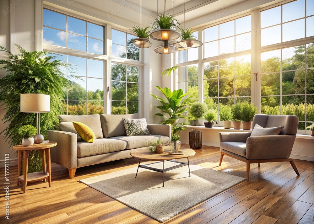 Fototapeta premium Scandinavian Living Room: Sunlight, Sofa, Plants & Modern Design